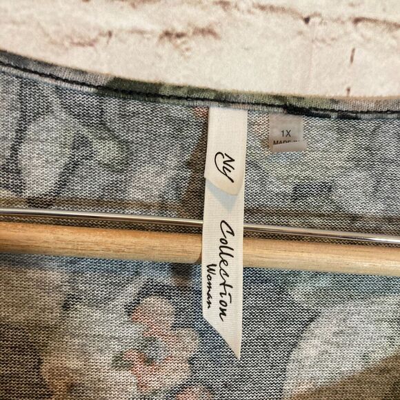 NY Collection Babydoll Sweater Dress Womens 1X Gray Rose Floral Flared Sleeve - Picture 6 of 16